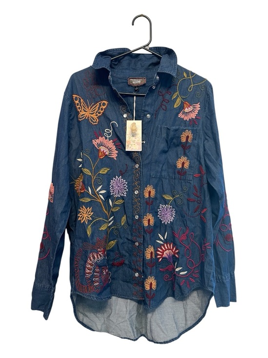 Johnny Was Tops - NWT Johnny Was Navy Blue Floral Embroidered Snap Button-Down Shirt Size Small
